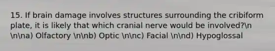 15. If brain damage involves structures surrounding the cribiform plate, it is likely that which cranial nerve would be involved?n nna) Olfactory nnb) Optic nnc) Facial nnd) Hypoglossal