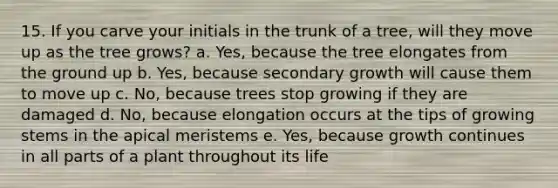 15. If you carve your initials in the trunk of a tree, will they move up as the tree grows? a. Yes, because the tree elongates from the ground up b. Yes, because secondary growth will cause them to move up c. No, because trees stop growing if they are damaged d. No, because elongation occurs at the tips of growing stems in the apical meristems e. Yes, because growth continues in all parts of a plant throughout its life