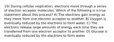 15) During cellular respiration, electrons move through a series of electron acceptor molecules. Which of the following is a true statement about this process? A) The electrons gain energy as they move from one electron acceptor to another. B) Oxygen is eventually reduced by the electrons to form water. C) The electrons release large amounts of energy each time they are transferred from one electron acceptor to another. D) Glucose is eventually reduced by the electrons to form water