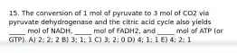 15. The conversion of 1 mol of pyruvate to 3 mol of CO2 via pyruvate dehydrogenase and the citric acid cycle also yields _____ mol of NADH, _____ mol of FADH2, and _____ mol of ATP (or GTP). A) 2; 2; 2 B) 3; 1; 1 C) 3; 2; 0 D) 4; 1; 1 E) 4; 2; 1