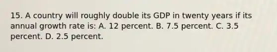 15. A country will roughly double its GDP in twenty years if its annual growth rate is: A. 12 percent. B. 7.5 percent. C. 3.5 percent. D. 2.5 percent.