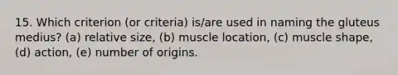 15. Which criterion (or criteria) is/are used in naming the gluteus medius? (a) relative size, (b) muscle location, (c) muscle shape, (d) action, (e) number of origins.