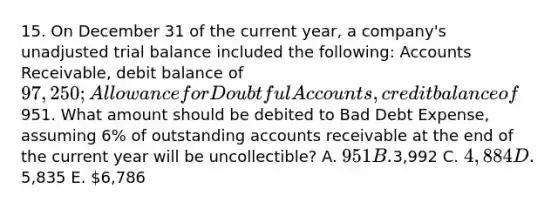 15. On December 31 of the current year, a company's unadjusted trial balance included the following: Accounts Receivable, debit balance of 97,250; Allowance for Doubtful Accounts, credit balance of951. What amount should be debited to Bad Debt Expense, assuming 6% of outstanding accounts receivable at the end of the current year will be uncollectible? A. 951 B.3,992 C. 4,884 D.5,835 E. 6,786