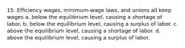 15. Efficiency wages, minimum-wage laws, and unions all keep wages a. below the equilibrium level, causing a shortage of labor. b. below the equilibrium level, causing a surplus of labor. c. above the equilibrium level, causing a shortage of labor. d. above the equilibrium level, causing a surplus of labor.