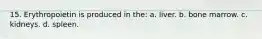15. Erythropoietin is produced in the: a. liver. b. bone marrow. c. kidneys. d. spleen.