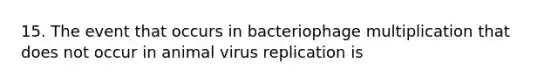 15. The event that occurs in bacteriophage multiplication that does not occur in animal virus replication is