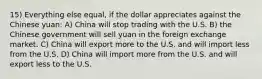 15) Everything else equal, if the dollar appreciates against the Chinese yuan: A) China will stop trading with the U.S. B) the Chinese government will sell yuan in the foreign exchange market. C) China will export more to the U.S. and will import less from the U.S. D) China will import more from the U.S. and will export less to the U.S.