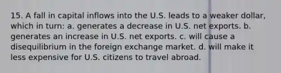 15. A fall in capital inflows into the U.S. leads to a weaker dollar, which in turn: a. generates a decrease in U.S. net exports. b. generates an increase in U.S. net exports. c. will cause a disequilibrium in the foreign exchange market. d. will make it less expensive for U.S. citizens to travel abroad.