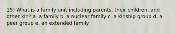 15) What is a family unit including parents, their children, and other kin? a. a family b. a nuclear family c. a kinship group d. a peer group e. an extended family