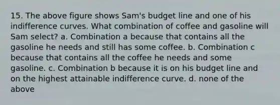 15. The above figure shows Sam's budget line and one of his indifference curves. What combination of coffee and gasoline will Sam select? a. Combination a because that contains all the gasoline he needs and still has some coffee. b. Combination c because that contains all the coffee he needs and some gasoline. c. Combination b because it is on his budget line and on the highest attainable indifference curve. d. none of the above