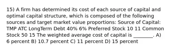 15) A firm has determined its cost of each source of capital and optimal capital structure, which is composed of the following sources and target market value proportions: Source of Capital: TMP ATC LongTerm Debt 40% 6% Preferred Stock 10 11 Common Stock 50 15 The <a href='https://www.questionai.com/knowledge/koL1NUNNcJ-weighted-average' class='anchor-knowledge'>weighted average</a> cost of capital is ________. A) 6 percent B) 10.7 percent C) 11 percent D) 15 percent