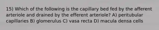 15) Which of the following is the capillary bed fed by the afferent arteriole and drained by the efferent arteriole? A) peritubular capillaries B) glomerulus C) vasa recta D) macula densa cells