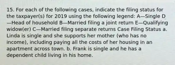 15. For each of the following cases, indicate the filing status for the taxpayer(s) for 2019 using the following legend: A—Single D—Head of household B—Married filing a joint return E—Qualifying widow(er) C—Married filing separate returns Case Filing Status a. Linda is single and she supports her mother (who has no income), including paying all the costs of her housing in an apartment across town. b. Frank is single and he has a dependent child living in his home.