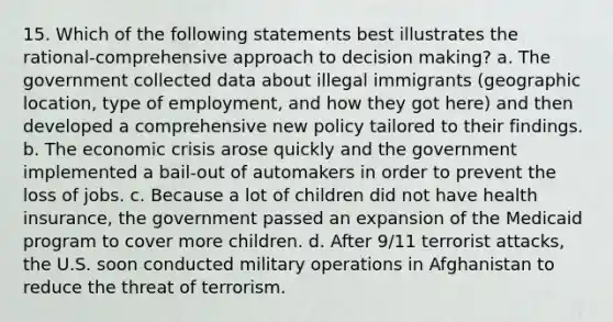 15. Which of the following statements best illustrates the rational-comprehensive approach to <a href='https://www.questionai.com/knowledge/kuI1pP196d-decision-making' class='anchor-knowledge'>decision making</a>? a. The government collected data about illegal immigrants (geographic location, type of employment, and how they got here) and then developed a comprehensive new policy tailored to their findings. b. The economic crisis arose quickly and the government implemented a bail-out of automakers in order to prevent the loss of jobs. c. Because a lot of children did not have health insurance, the government passed an expansion of the Medicaid program to cover more children. d. After 9/11 terrorist attacks, the U.S. soon conducted military operations in Afghanistan to reduce the threat of terrorism.