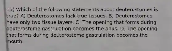 15) Which of the following statements about deuterostomes is true? A) Deuterostomes lack true tissues. B) Deuterostomes have only two tissue layers. C) The opening that forms during deuterostome gastrulation becomes the anus. D) The opening that forms during deuterostome gastrulation becomes the mouth.