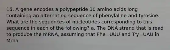 15. A gene encodes a polypeptide 30 amino acids long containing an alternating sequence of phenylaline and tyrosine. What are the sequences of nucleotides corresponding to this sequence in each of the following? a. The DNA strand that is read to produce the mRNA, assuming that Phe=UUU and Try=UAU in Mrna