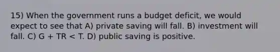 15) When the government runs a budget deficit, we would expect to see that A) private saving will fall. B) investment will fall. C) G + TR < T. D) public saving is positive.