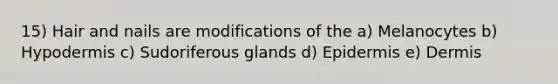 15) Hair and nails are modifications of the a) Melanocytes b) Hypodermis c) Sudoriferous glands d) Epidermis e) Dermis