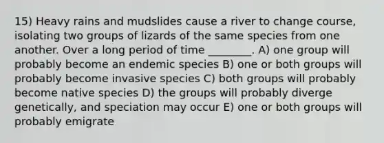 15) Heavy rains and mudslides cause a river to change course, isolating two groups of lizards of the same species from one another. Over a long period of time ________. A) one group will probably become an endemic species B) one or both groups will probably become invasive species C) both groups will probably become native species D) the groups will probably diverge genetically, and speciation may occur E) one or both groups will probably emigrate