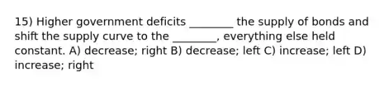 15) Higher government deficits ________ the supply of bonds and shift the supply curve to the ________, everything else held constant. A) decrease; right B) decrease; left C) increase; left D) increase; right