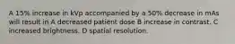 A 15% increase in kVp accompanied by a 50% decrease in mAs will result in A decreased patient dose B increase in contrast. C increased brightness. D spatial resolution.