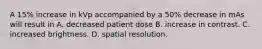 A 15% increase in kVp accompanied by a 50% decrease in mAs will result in A. decreased patient dose B. increase in contrast. C. increased brightness. D. spatial resolution.