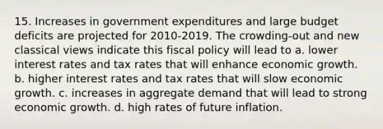 15. Increases in government expenditures and large budget deficits are projected for 2010-2019. The crowding-out and new classical views indicate this fiscal policy will lead to a. lower interest rates and tax rates that will enhance economic growth. b. higher interest rates and tax rates that will slow economic growth. c. increases in aggregate demand that will lead to strong economic growth. d. high rates of future inflation.