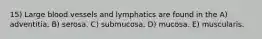 15) Large blood vessels and lymphatics are found in the A) adventitia. B) serosa. C) submucosa. D) mucosa. E) muscularis.