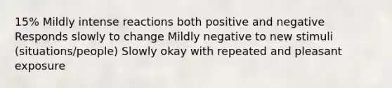 15% Mildly intense reactions both positive and negative Responds slowly to change Mildly negative to new stimuli (situations/people) Slowly okay with repeated and pleasant exposure