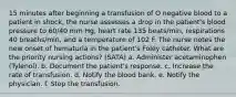 15 minutes after beginning a transfusion of O negative blood to a patient in shock, the nurse assesses a drop in the patient's blood pressure to 60/40 mm Hg, heart rate 135 beats/min, respirations 40 breaths/min, and a temperature of 102 F. The nurse notes the new onset of hematuria in the patient's Foley catheter. What are the priority nursing actions? (SATA) a. Administer acetaminophen (Tylenol). b. Document the patient's response. c. Increase the rate of transfusion. d. Notify the blood bank. e. Notify the physician. f. Stop the transfusion.