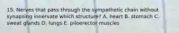 15. Nerves that pass through the sympathetic chain without synapsing innervate which structure? A. heart B. stomach C. sweat glands D. lungs E. piloerector muscles