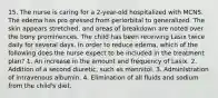 15. The nurse is caring for a 2-year-old hospitalized with MCNS. The edema has pro gressed from periorbital to generalized. The skin appears stretched, and areas of breakdown are noted over the bony prominences. The child has been receiving Lasix twice daily for several days. In order to reduce edema, which of the following does the nurse expect to be included in the treatment plan? 1. An increase in the amount and frequency of Lasix. 2. Addition of a second diuretic, such as mannitol. 3. Administration of intravenous albumin. 4. Elimination of all fluids and sodium from the child's diet.