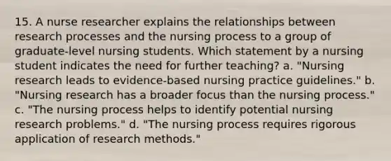 15. A nurse researcher explains the relationships between research processes and the nursing process to a group of graduate-level nursing students. Which statement by a nursing student indicates the need for further teaching? a. "Nursing research leads to evidence-based nursing practice guidelines." b. "Nursing research has a broader focus than the nursing process." c. "The nursing process helps to identify potential nursing research problems." d. "The nursing process requires rigorous application of research methods."