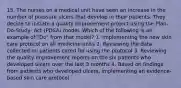 15. The nurses on a medical unit have seen an increase in the number of pressure ulcers that develop in their patients. They decide to initiate a quality improvement project using the Plan-Do-Study- Act (PDSA) model. Which of the following is an example of "Do" from that model? 1. Implementing the new skin care protocol on all medicine units 2. Reviewing the data collected on patients cared for using the protocol 3. Reviewing the quality improvement reports on the six patients who developed ulcers over the last 3 months 4. Based on findings from patients who developed ulcers, implementing an evidence-based skin care protocol