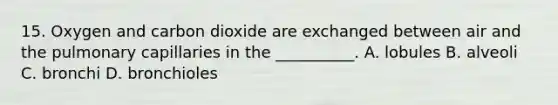 15. Oxygen and carbon dioxide are exchanged between air and the pulmonary capillaries in the __________. A. lobules B. alveoli C. bronchi D. bronchioles