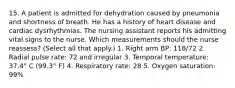 15. A patient is admitted for dehydration caused by pneumonia and shortness of breath. He has a history of heart disease and cardiac dysrhythmias. The nursing assistant reports his admitting vital signs to the nurse. Which measurements should the nurse reassess? (Select all that apply.) 1. Right arm BP: 118/72 2. Radial pulse rate: 72 and irregular 3. Temporal temperature: 37.4° C (99.3° F) 4. Respiratory rate: 28 5. Oxygen saturation: 99%