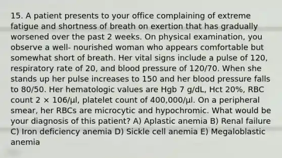 15. A patient presents to your office complaining of extreme fatigue and shortness of breath on exertion that has gradually worsened over the past 2 weeks. On physical examination, you observe a well- nourished woman who appears comfortable but somewhat short of breath. Her vital signs include a pulse of 120, respiratory rate of 20, and blood pressure of 120/70. When she stands up her pulse increases to 150 and her blood pressure falls to 80/50. Her hematologic values are Hgb 7 g/dL, Hct 20%, RBC count 2 × 106/μl, platelet count of 400,000/μl. On a peripheral smear, her RBCs are microcytic and hypochromic. What would be your diagnosis of this patient? A) Aplastic anemia B) Renal failure C) Iron deficiency anemia D) Sickle cell anemia E) Megaloblastic anemia