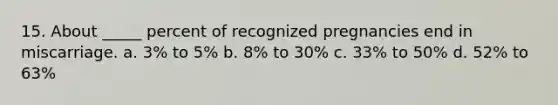 15. About _____ percent of recognized pregnancies end in miscarriage. a. 3% to 5% b. 8% to 30% c. 33% to 50% d. 52% to 63%