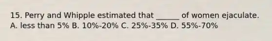 15. Perry and Whipple estimated that ______ of women ejaculate. A. less than 5% B. 10%-20% C. 25%-35% D. 55%-70%