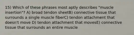 15) Which of these phrases most aptly describes "muscle insertion"? A) broad tendon sheetB) connective tissue that surrounds a single muscle fiberC) tendon attachment that doesn't move D) tendon attachment that movesE) connective tissue that surrounds an entire muscle