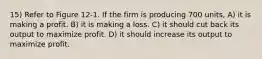 15) Refer to Figure 12-1. If the firm is producing 700 units, A) it is making a profit. B) it is making a loss. C) it should cut back its output to maximize profit. D) it should increase its output to maximize profit.