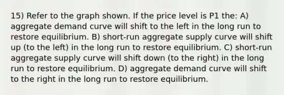 15) Refer to the graph shown. If the price level is P1 the: A) aggregate demand curve will shift to the left in the long run to restore equilibrium. B) short-run aggregate supply curve will shift up (to the left) in the long run to restore equilibrium. C) short-run aggregate supply curve will shift down (to the right) in the long run to restore equilibrium. D) aggregate demand curve will shift to the right in the long run to restore equilibrium.