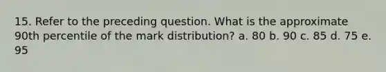 15. Refer to the preceding question. What is the approximate 90th percentile of the mark distribution? a. 80 b. 90 c. 85 d. 75 e. 95