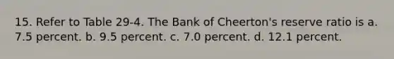 15. Refer to Table 29-4. The Bank of Cheerton's reserve ratio is a. 7.5 percent. b. 9.5 percent. c. 7.0 percent. d. 12.1 percent.