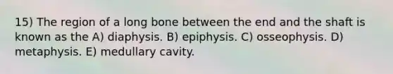 15) The region of a long bone between the end and the shaft is known as the A) diaphysis. B) epiphysis. C) osseophysis. D) metaphysis. E) medullary cavity.