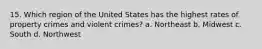 15. Which region of the United States has the highest rates of property crimes and violent crimes? a. Northeast b. Midwest c. South d. Northwest