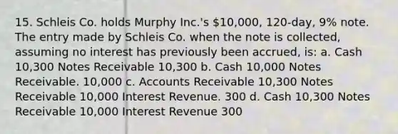 15. Schleis Co. holds Murphy Inc.'s 10,000, 120-day, 9% note. The entry made by Schleis Co. when the note is collected, assuming no interest has previously been accrued, is: a. Cash 10,300 Notes Receivable 10,300 b. Cash 10,000 Notes Receivable. 10,000 c. Accounts Receivable 10,300 Notes Receivable 10,000 Interest Revenue. 300 d. Cash 10,300 Notes Receivable 10,000 Interest Revenue 300