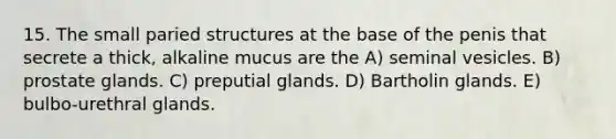 15. The small paried structures at the base of the penis that secrete a thick, alkaline mucus are the A) seminal vesicles. B) prostate glands. C) preputial glands. D) Bartholin glands. E) bulbo-urethral glands.