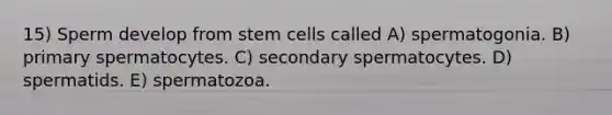 15) Sperm develop from stem cells called A) spermatogonia. B) primary spermatocytes. C) secondary spermatocytes. D) spermatids. E) spermatozoa.