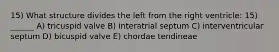 15) What structure divides the left from the right ventricle: 15) ______ A) tricuspid valve B) interatrial septum C) interventricular septum D) bicuspid valve E) chordae tendineae